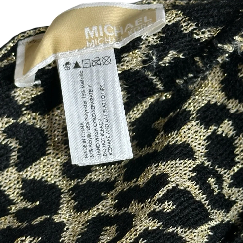 Michael Kors Black & Gold Soft Metallic Leopard Print Logo Hat/Beanie OS NWT
